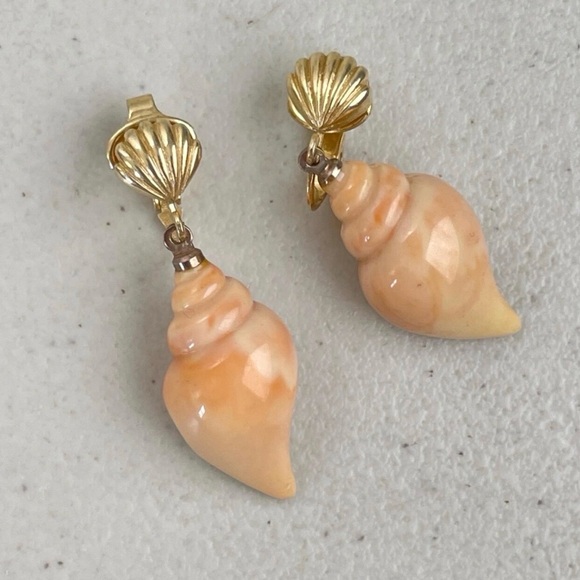 Gold and Peach Shell Earrings - Picture 2 of 5